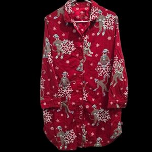 Nick & Nora Sleep Shirt Sz M Sock Monkey Snowflakes Red White